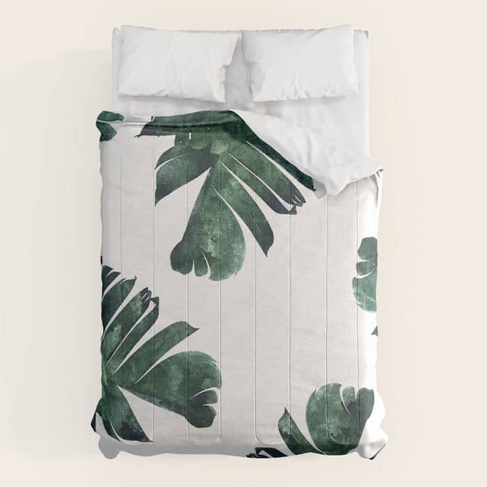 Banana Leaf Watercolor Painting, Tropical Nature Botanical Palm Illustration Bohemian Minimal Luxe Comforter