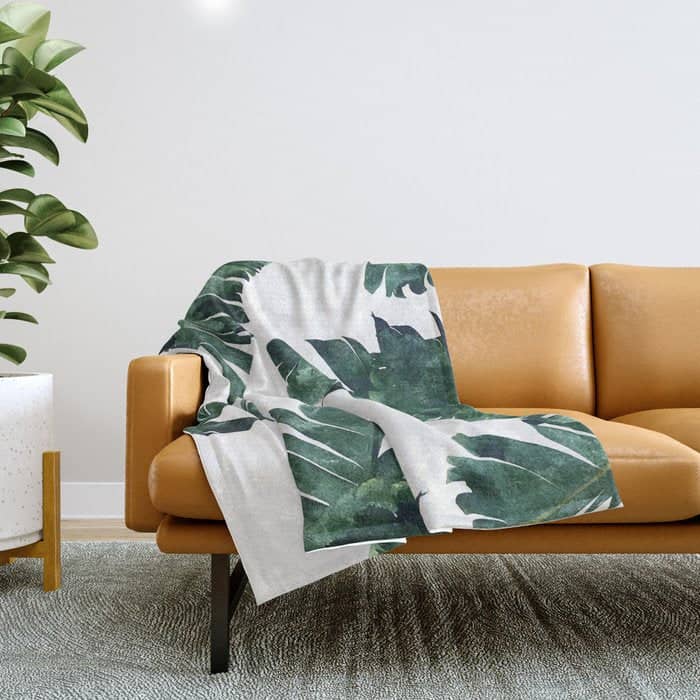 Banana Leaf Watercolor Painting, Tropical Nature Botanical Palm Illustration Bohemian Minimal Luxe Throw Blanket