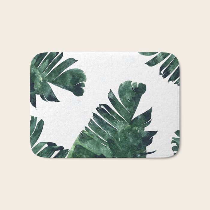 Banana Leaf Watercolor Painting, Tropical Nature Botanical Palm Illustration Bohemian Minimal Luxe Bath Mat