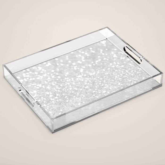 Chic Elegant Glamour White Faux Glitter Acrylic Tray