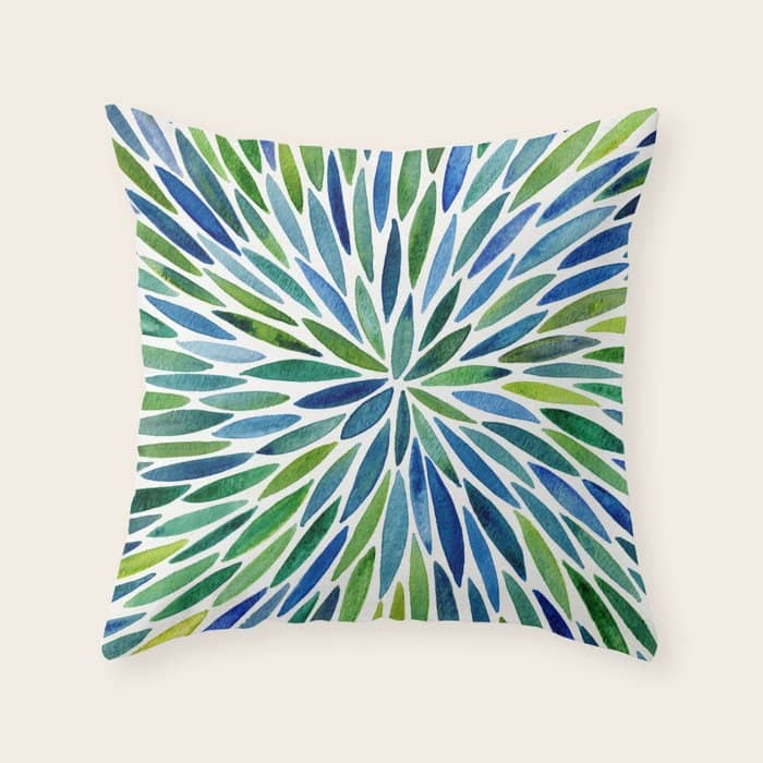 Watercolor Burst - Blue & Green Throw Pillow