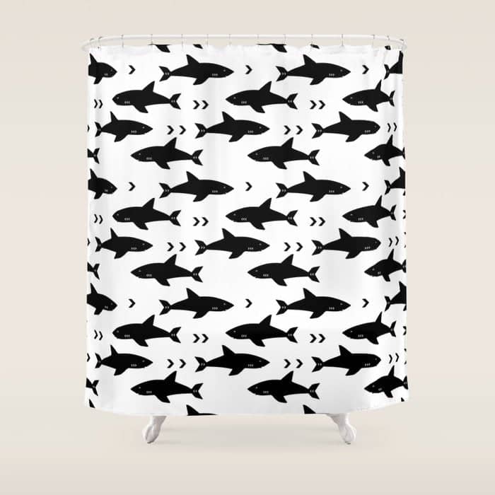Sharks - Shark Week Trendy Black And White Minimal Kids Pattern Print Shower Curtain