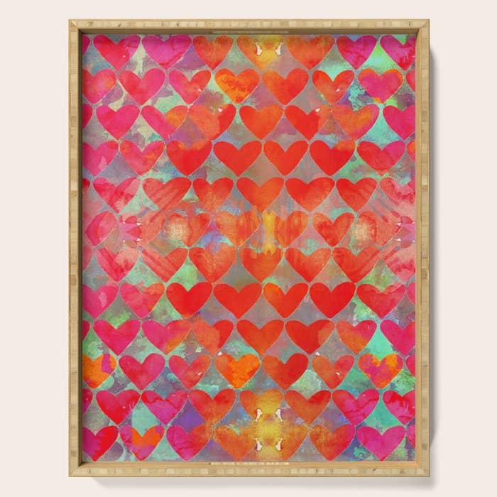 Love Overload, Maximalist Color Pop Red Graphic Hearts, Valentine'S Day Passion Colorful Serving Tray