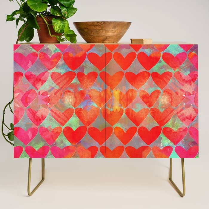 Love Overload, Maximalist Color Pop Red Graphic Hearts, Valentine'S Day Passion Colorful Credenza