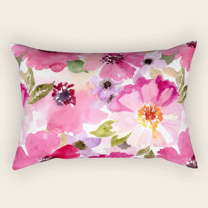 Watercolor Flowers Pink Fuchsia Rectangular Pillow