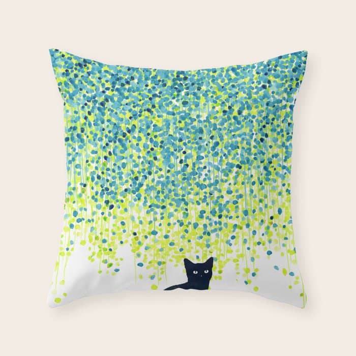 Cat In The Garden Under Willow Tree Throw Pillow