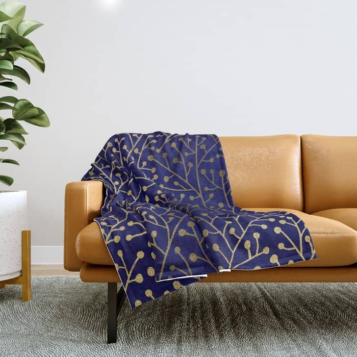 Gold Berry Branches On Navy Throw Blanket