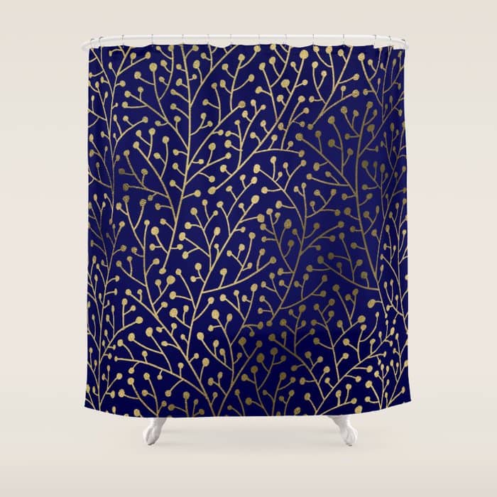Gold Berry Branches On Navy Shower Curtain