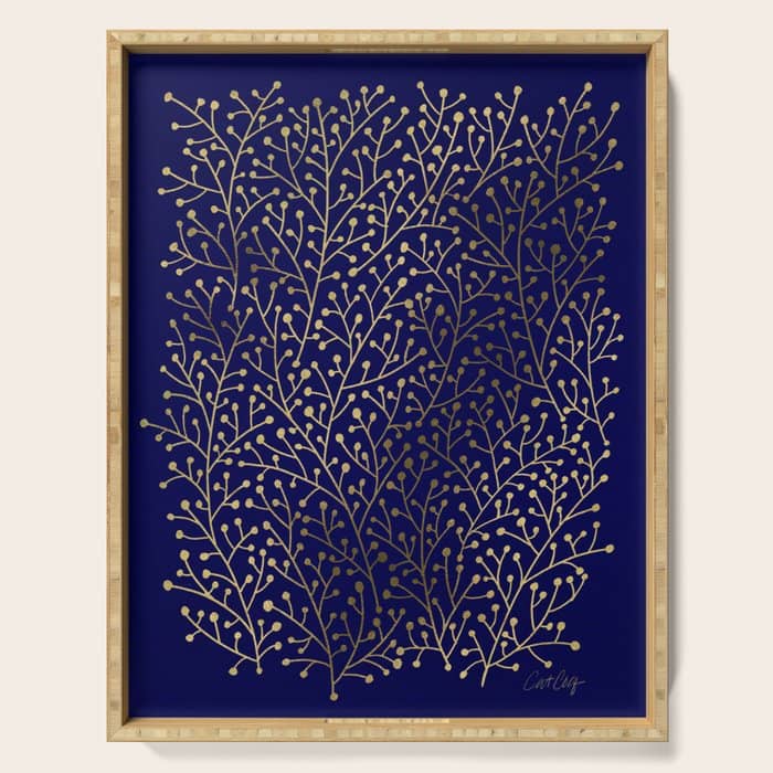 Gold Berry Branches On Navy Serving Tray