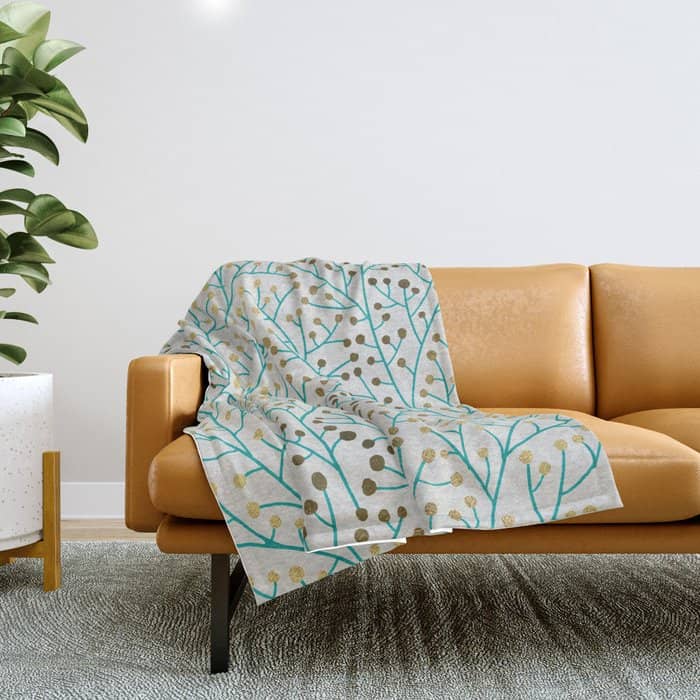Berry Branches - Turquoise & Gold Throw Blanket