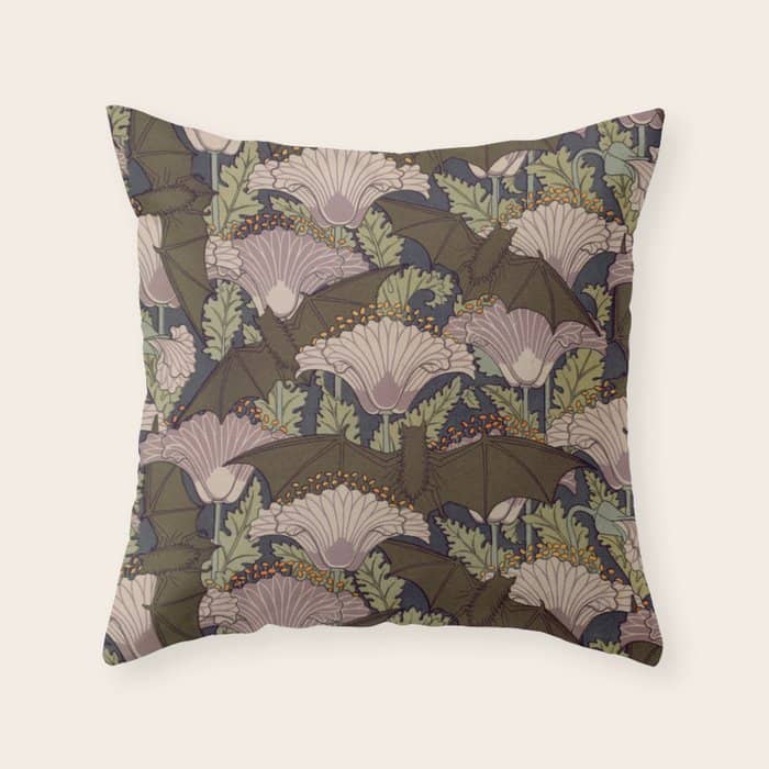 Vintage Art Deco Bat And Flowers Throw Pillow