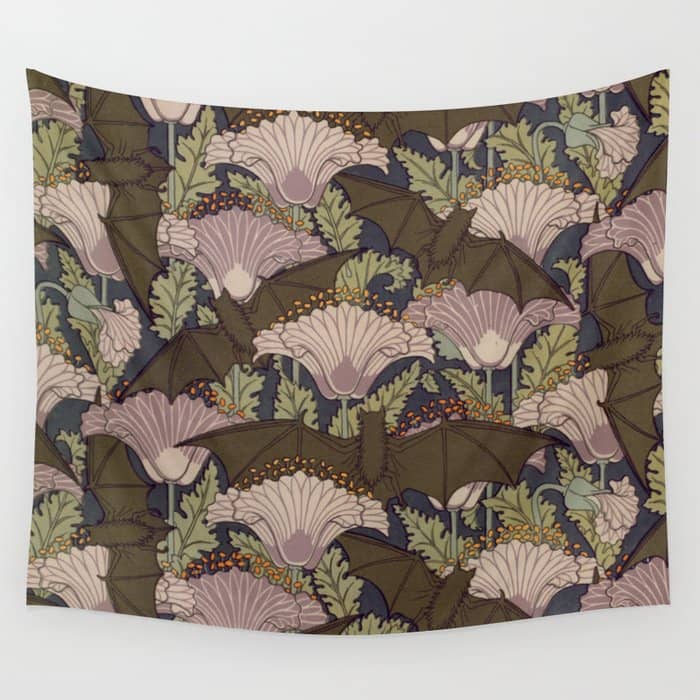 Vintage Art Deco Bat And Flowers Wall Tapestry
