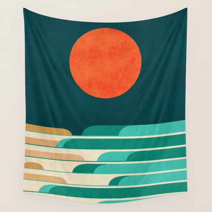 Chasing Wave Under The Red Moon Wall Tapestry
