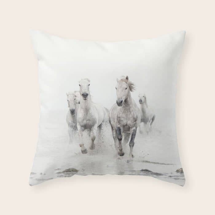 Camargue White Horses Running In Water - Nature Photography Throw Pillow