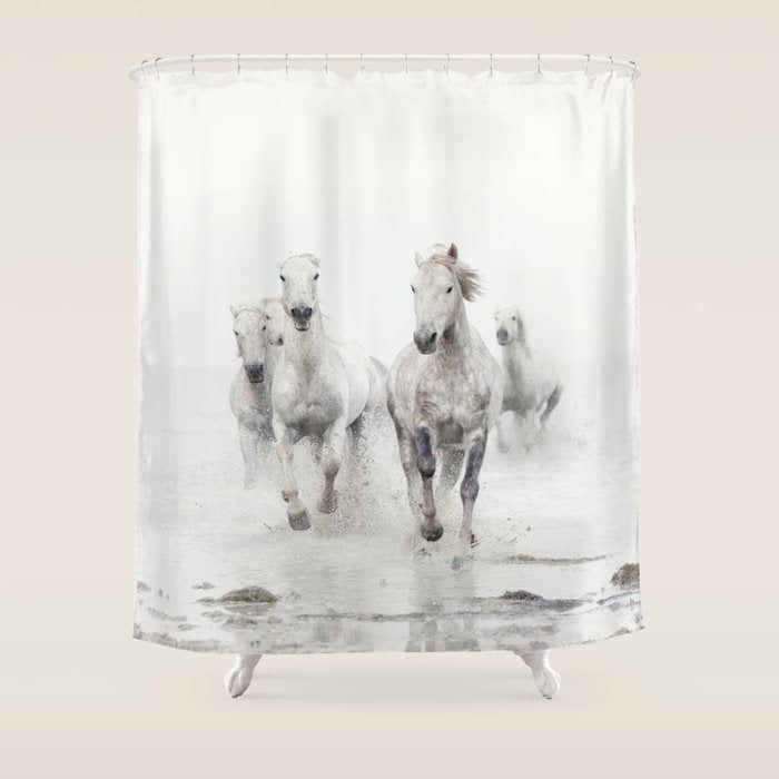 Camargue White Horses Running In Water - Nature Photography Shower Curtain