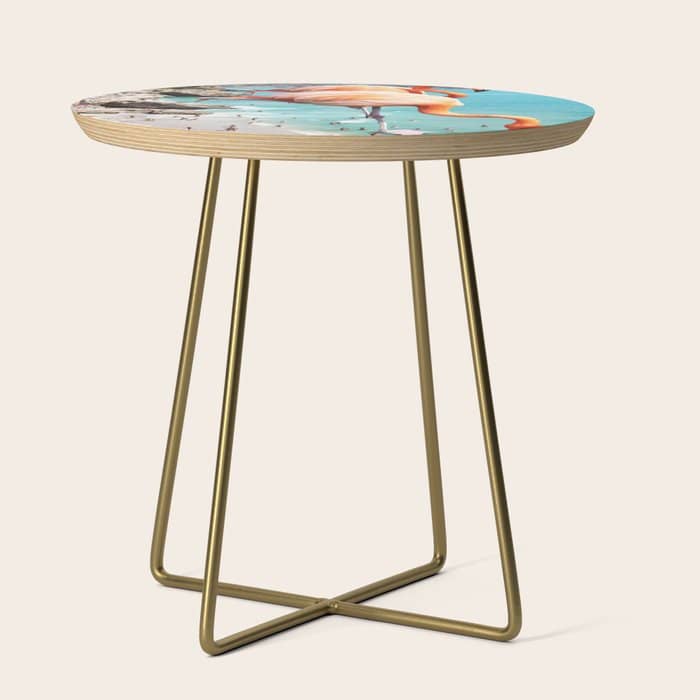 Flamingos On The Beach, Wildlife Surrealism Birds, Nature Flamingo Fantasy Beach Summer Photography Side Table
