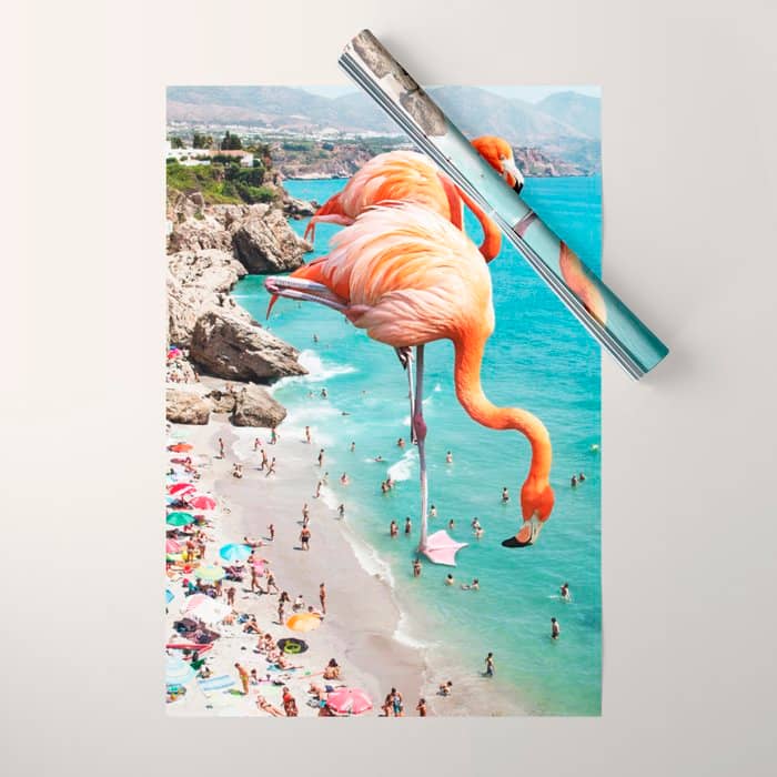 Flamingos On The Beach, Wildlife Surrealism Birds, Nature Flamingo Fantasy Beach Summer Photography Wrapping Paper