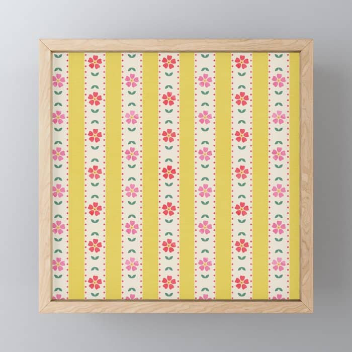 Granny Style Vintage Florals On Yellow Stripes Mini Art Print