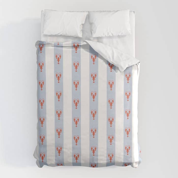Red Lobsters On Hand-Painted Blue Stripes Duvet Cover