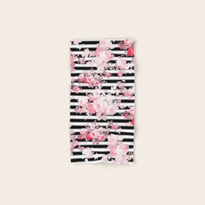 Vintage Blush Pink Floral Black White Stripes Bath Towel