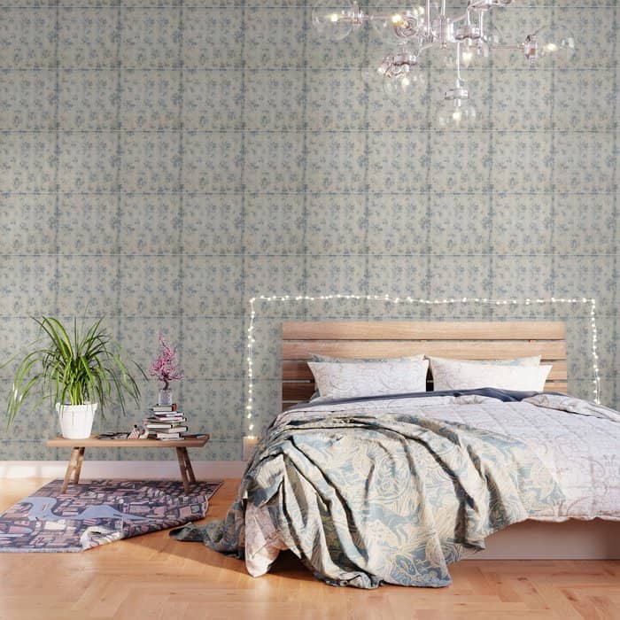 Rustic Vintage Bohemian Blue White Stripes Elegant Floral Wallpaper