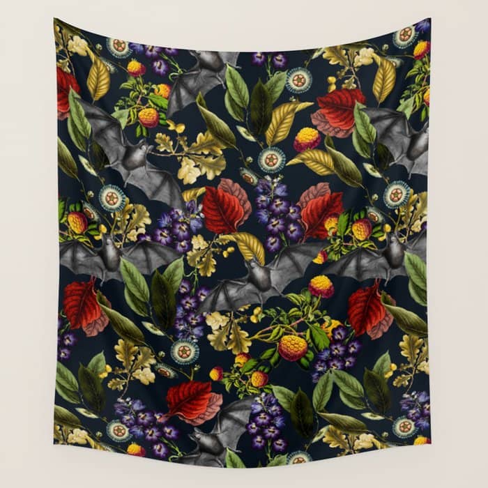 Flying Fox And Floral Pattern Wall Tapestry