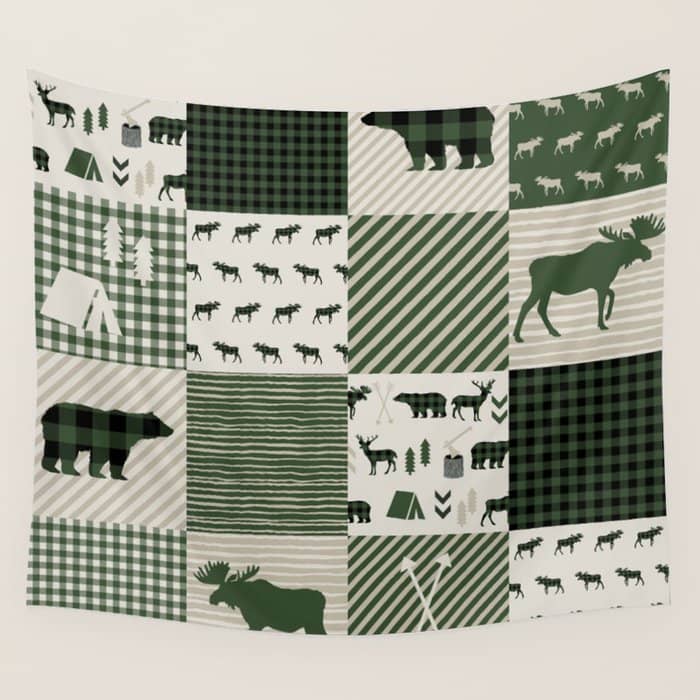 Camping Hunter Green Plaid Quilt Cheater Quilt Baby Nursery Cute Pattern Bear Moose Cabin Life Wall Tapestry
