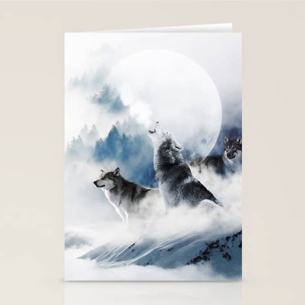 Winter Wolves, Wildlife Wolf Wild Dogs, Snow Full Moon Animals Photography Love Digital Art Stationery Card