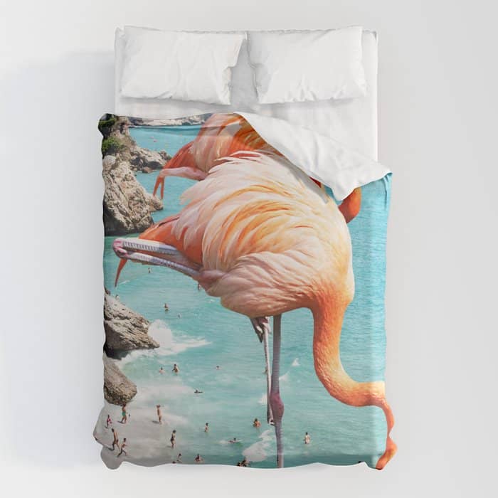 Flamingos On The Beach, Wildlife Surrealism Birds, Nature Flamingo Fantasy Beach Summer Photography Duvet Cover