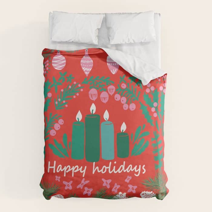 Happy Holidays Greetings - Folk Art Illustration Duvet Cover