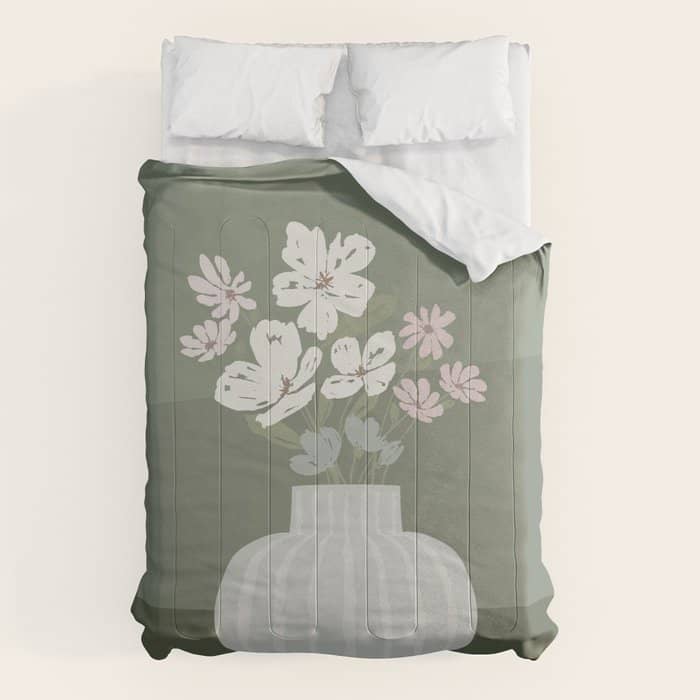 Wildflower Bouquet In Vase Illustration - Muted Pink, Beige And Sage Green Flowers  Comforter
