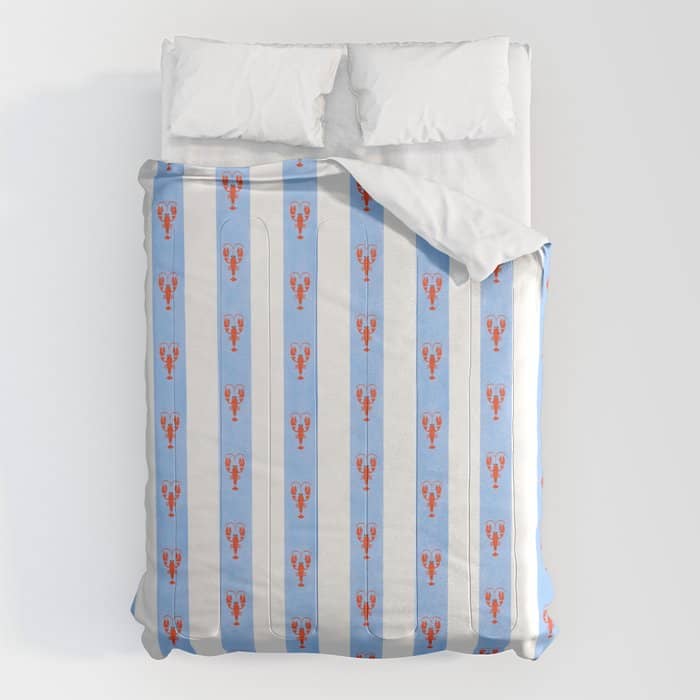 Red Lobsters On Hand-Painted Bright Blue Stripes Comforter