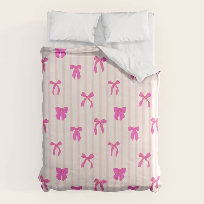 Classic Hot Pink Bows And Stripes Duvet Cover