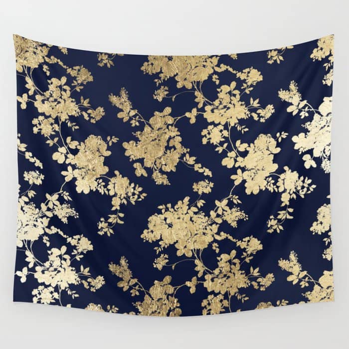 Elegant Vintage Navy Blue Faux Gold Flowers Wall Tapestry