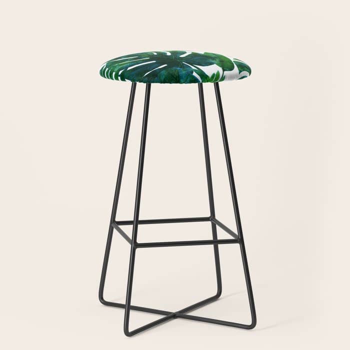 Tropical Nature Monstera Watercolor Painting, Botanical Jungle Dark Palm Illustration Stool