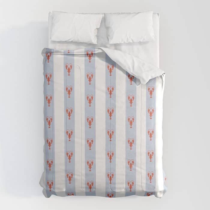 Red Lobsters On Hand-Painted Blue Stripes Comforter