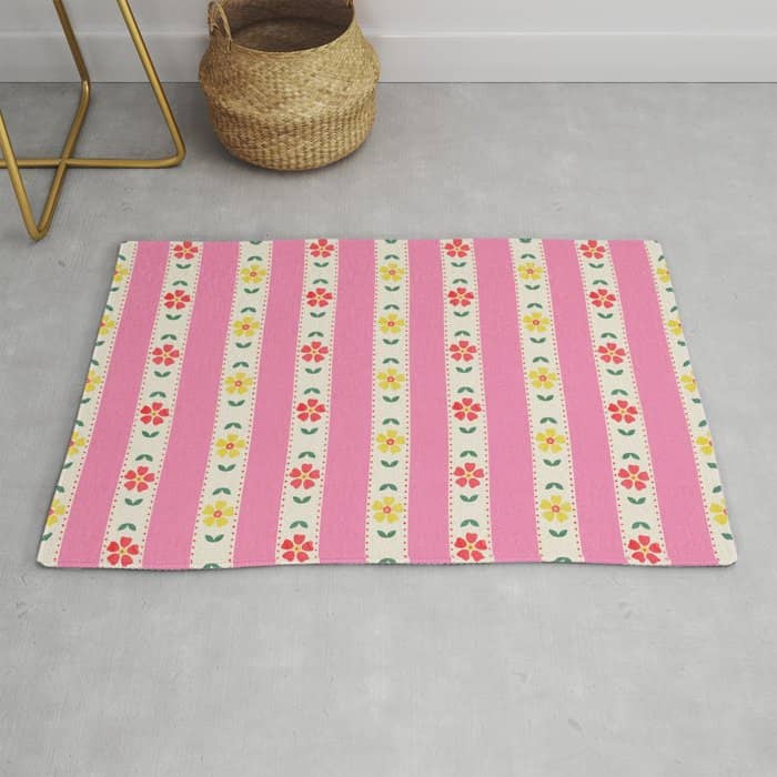 Granny Style Vintage Florals On Pink Stripes Rug