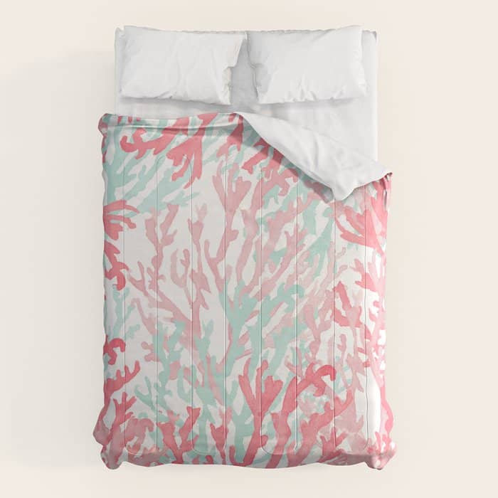 Modern Hand Painted Coral Pink Teal Reef Coral Floral Comforter