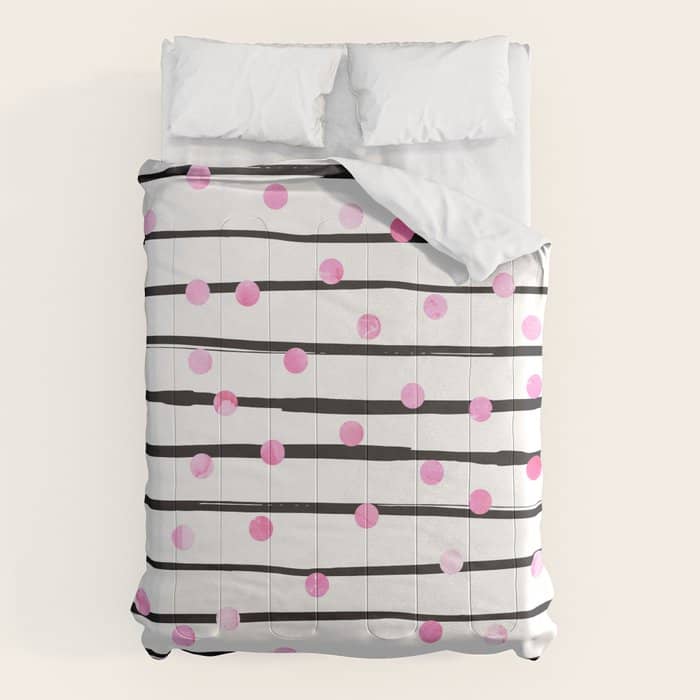 Blush Pink Black Watercolor Modern Stripes Polka Dots Comforter
