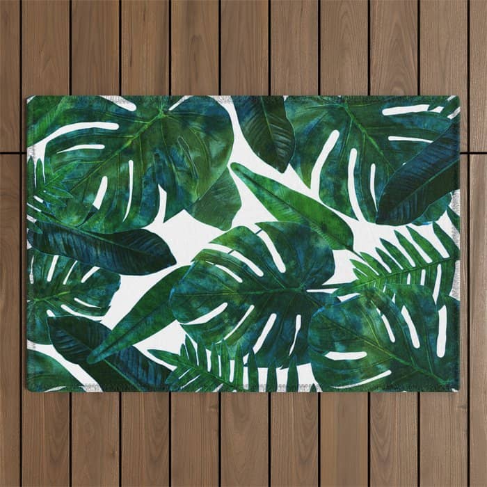 Tropical Nature Monstera Watercolor Painting, Botanical Jungle Dark Palm Illustration Outdoor Rug