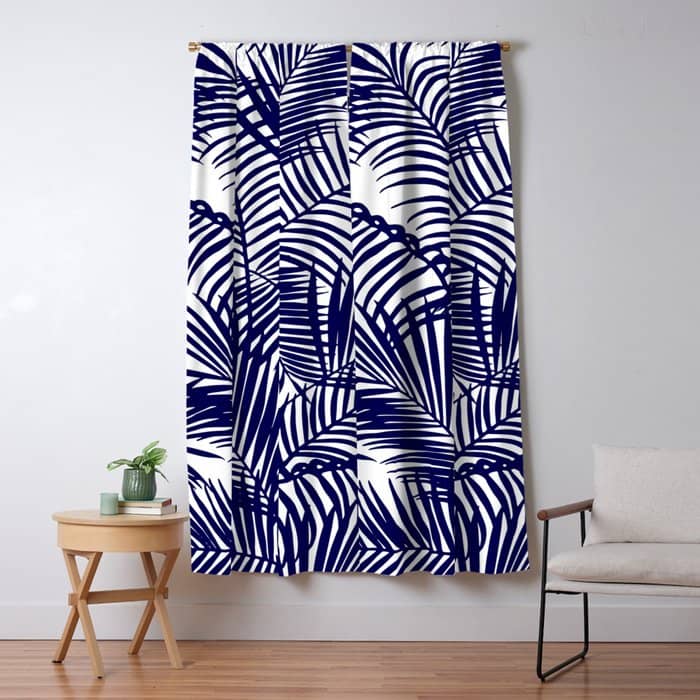 Modern Blue White Tropical Palm Trees Pattern Window Curtain