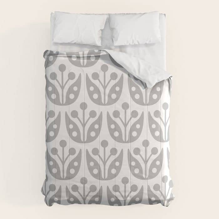 Mid Century Flower Pattern Gray Comforter
