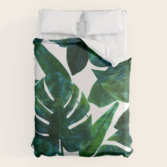 Tropical Nature Monstera Watercolor Painting, Botanical Jungle Dark Palm Illustration Duvet Cover