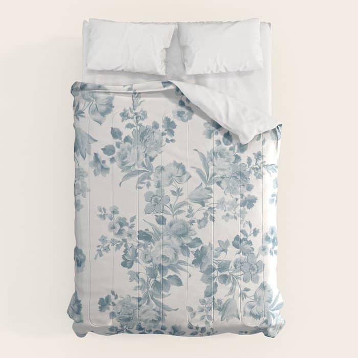 Vintage Blue White Bohemian Elegant Floral Comforter