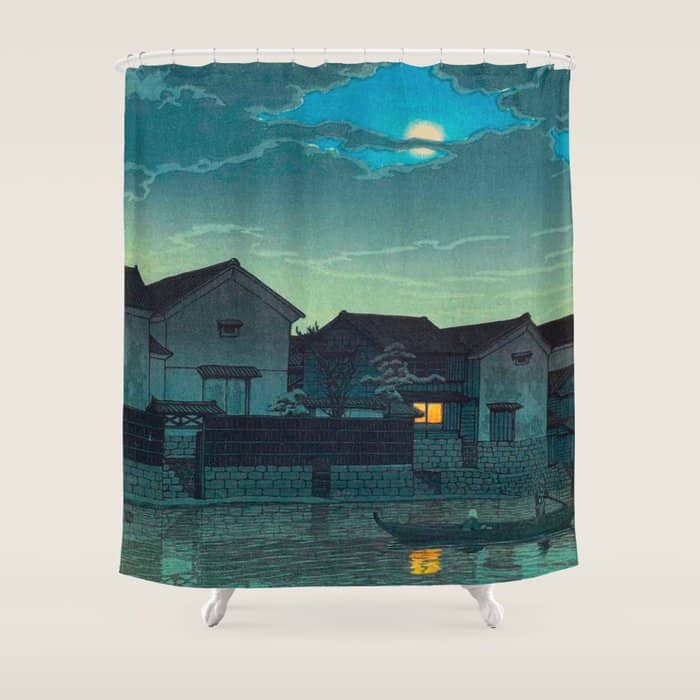 Kawase Hasui Vintage Japanese Woodblock Print Japanese Village Under Moonlight Cloudy Sky Shower Curtain
