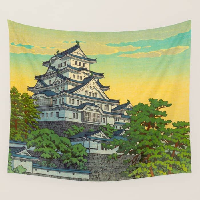 Kawase Hasui Vintage Japanese Woodblock Print Himeji Castle Wall Tapestry