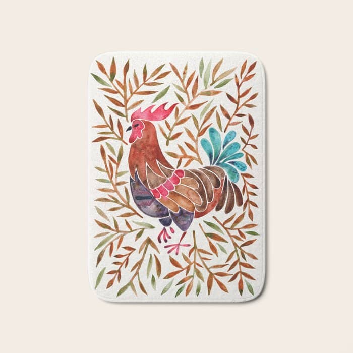 Le Coq â Watercolor Rooster With Sepia Leaves Bath Mat