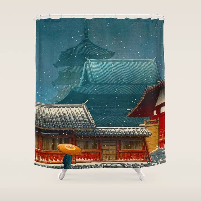 Vintage Japanese Woodblock Print Japanese Red Shinto Shrine Pagoda Winter Snow Shower Curtain