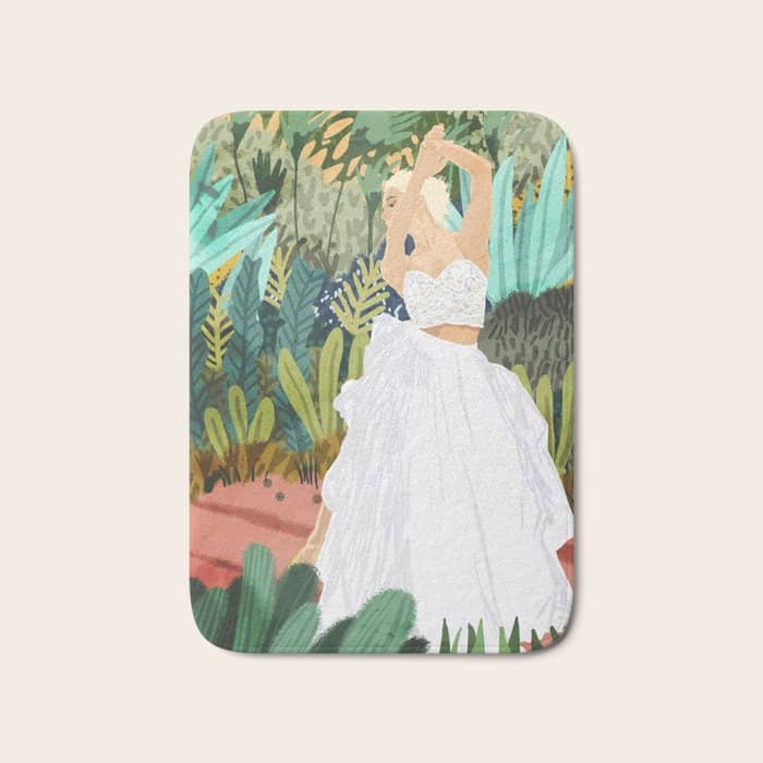 Forest Bride | Jungle Wedding Painting | Travel Solo | Blonde Woman Dancing Joy Bath Mat