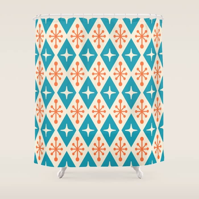 Mid Century Modern Atomic Age Googie Pattern 107 Turquoise And Orange Shower Curtain